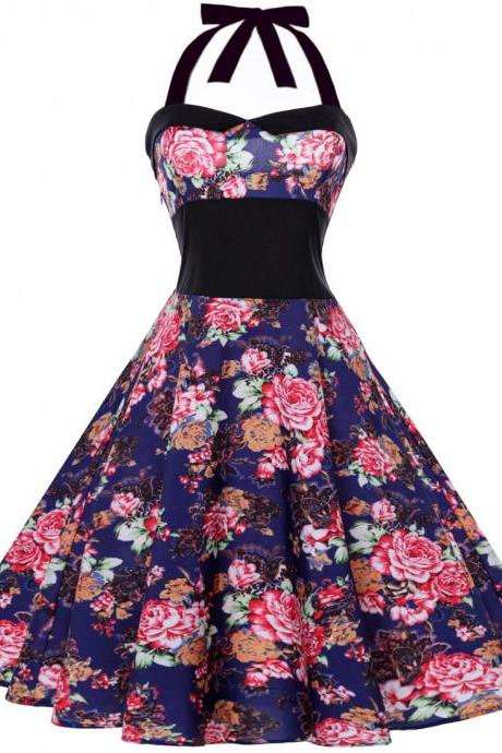 Vintage Polka Dot/Floral Dress Halter Backless Big Swing Women Casual Party Dress 4#