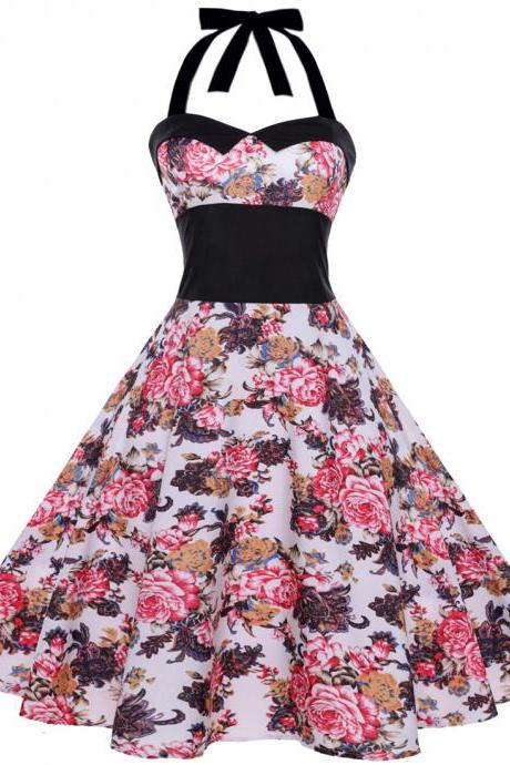 Vintage Polka Dot/Floral Dress Halter Backless Big Swing Women Casual Party Dress 5#