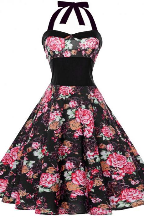 Vintage Polka Dot/Floral Dress Halter Backless Big Swing Women Casual Party Dress 6#