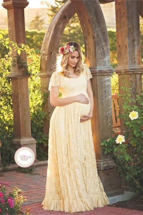 Long Lace Pregnant Dress Women Casual Ruffles Short Sleeve Evening Party Maxi Maternal Pregnancy Dress Beige