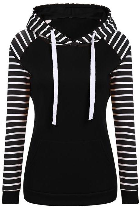 Spring Autumn Striped Fleece Hoodies Women Long Sleeve Pullover Streetwear Hooded Sweatshirt Black