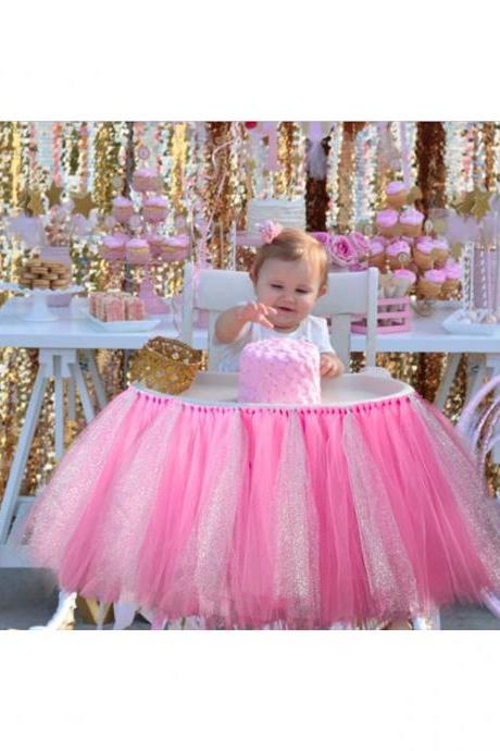 Tutu Tulle Table Skirts High Chair Decor Baby Shower Decorations for Boys Girls Party Set Birthday Party Supplies deep pink+silver