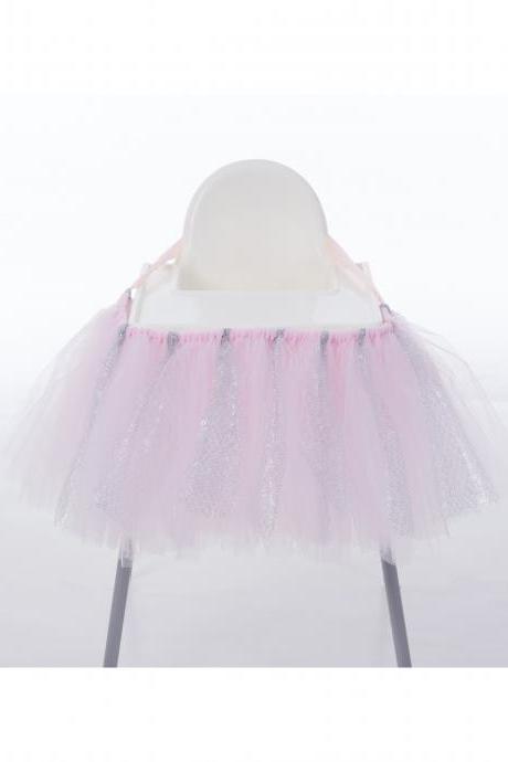 Tutu Tulle Table Skirts High Chair Decor Baby Shower Decorations for Boys Girls Party Set Birthday Party Supplies pink+silver