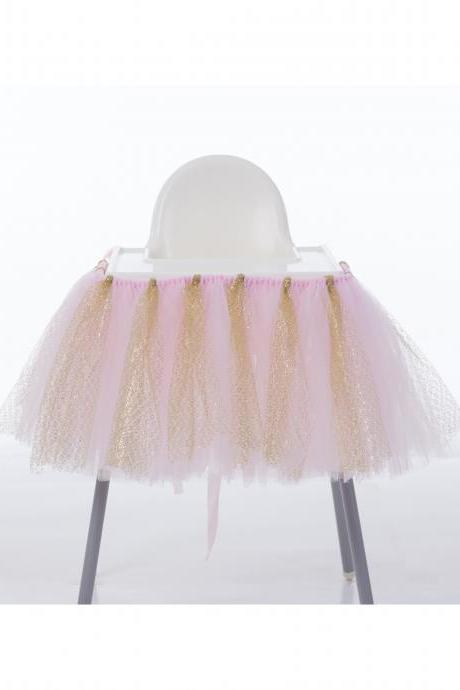 Tutu Tulle Table Skirts, High Chair Decor ,Baby Shower Decorations, for Boys Girls Party Set ,Birthday Party Supplies pink+gold