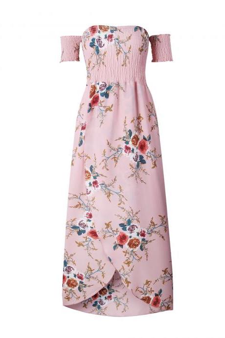 Pink Off-the-Shoulder Smocked Floral Print High-Low Maxi Summer Dress