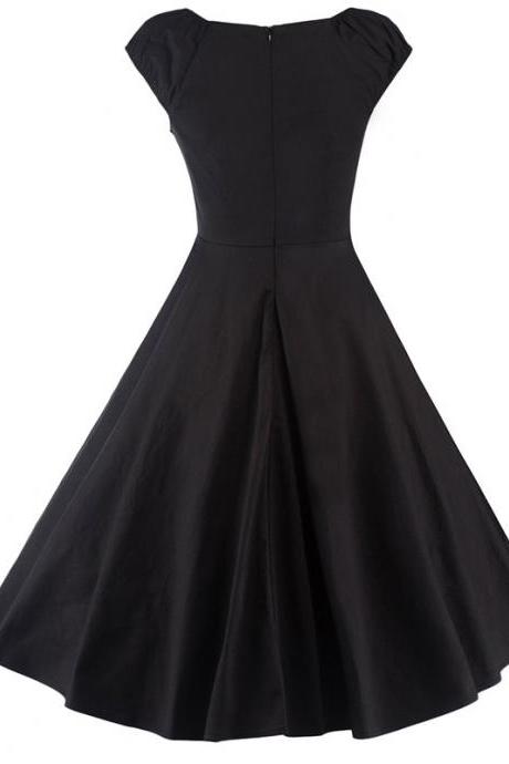 Vintage Hepburn Dress Cap Sleeve Women Summer Cotton Rockabilly Casual Holiday Party Dress black