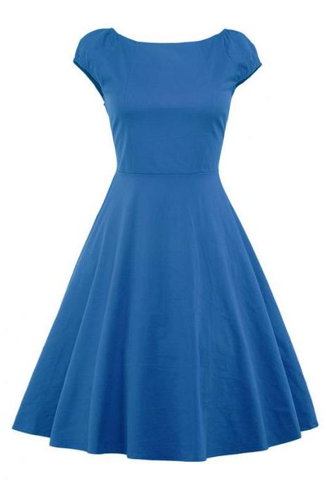  Vintage Hepburn Dress Cap Sleeve Women Summer Cotton Rockabilly Casual Holiday Party Dress blue