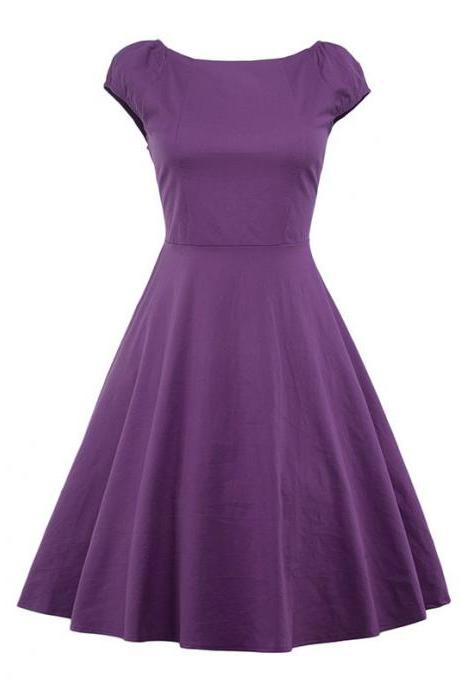 Vintage Hepburn Dress Cap Sleeve Women Summer Cotton Rockabilly Casual Holiday Party Dress purple