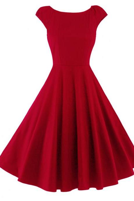 Vintage Hepburn Dress Cap Sleeve Women Summer Cotton Rockabilly Casual Holiday Party Dress Red