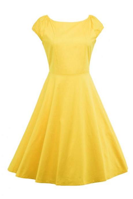 Vintage Hepburn Dress Cap Sleeve Women Summer Cotton Rockabilly Casual Holiday Party Dress Yellow