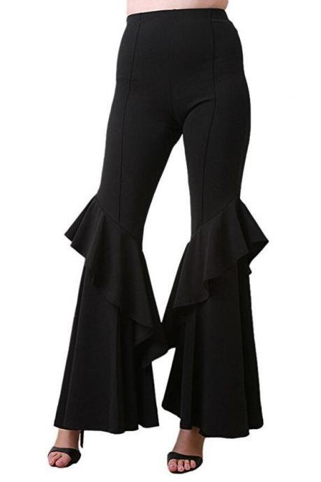 Fashion Women Flare Pants Stretch High Waist Solid Ruffles Wide Leg Long Trousers black