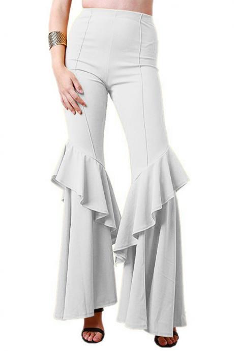 Fashion Women Flare Pants Stretch High Waist Solid Ruffles Wide Leg Long Trousers off white