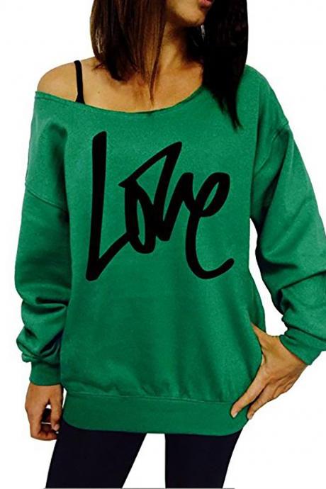 Women Hoodies Sweatshirt Spring Girls LOVE Letter Printed Long Sleeve Sexy Off The Shoulder Pullover green