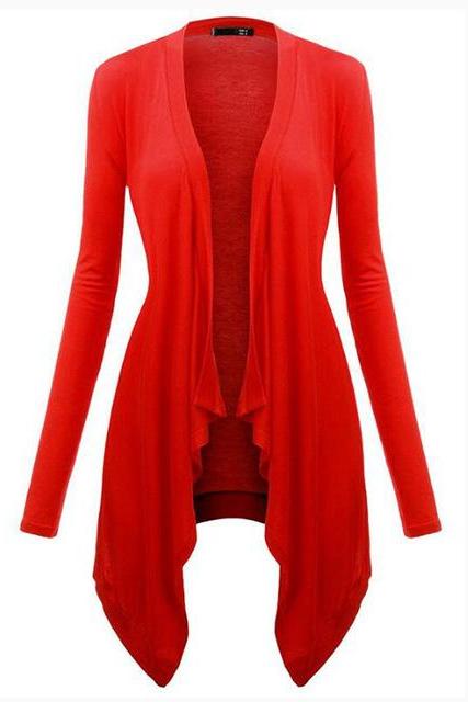 Women Cardigan Spring Long Sleeve Irregular Ladies Coat Slim Jacket Outerwear Red