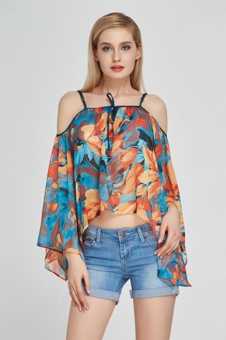 Sexy Floral Printed Chiffon Blouses Off Shoulder Casual Women Shirt Flare Sleeves Tops orange