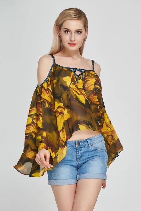 Sexy Floral Printed Chiffon Blouses Off Shoulder Casual Women Shirt Flare Sleeves Tops yellow