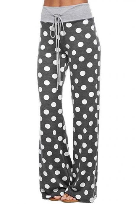Women Long Wide-Leg Pants Drawstring Mid Waist Polka Dot/Camouflage Casual Straight Palazzo Trousers gray polka dot