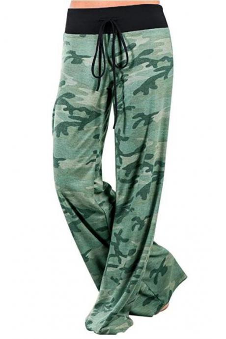 Women Long Wide-Leg Pants Drawstring Mid Waist Polka Dot/Camouflage Casual Straight Palazzo Trousers green camouflage