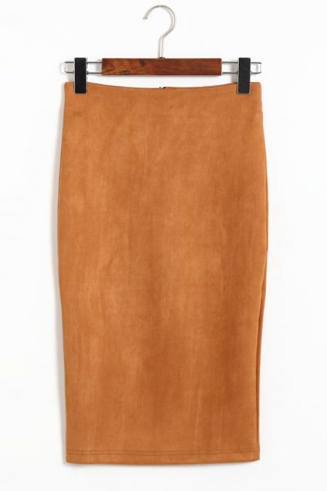 Spring Faux Suede Pencil Skirt High Waist Split Stretchy Bodycon Midi Skirt Khaki