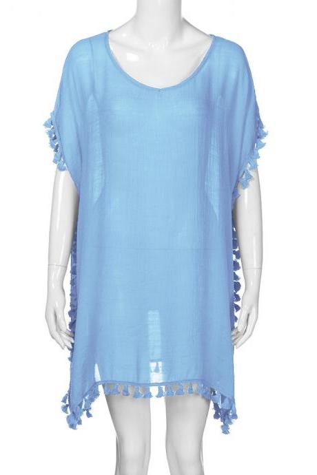 Women Tassels Bikini Cover Up Irregular See-Through Tunic Swimwear Summer Beach Dress baby blue
