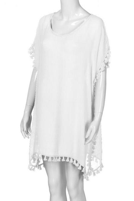 Women Tassels Bikini Cover Up Irregular See-Through Tunic Swimwear Summer Beach Dress off white