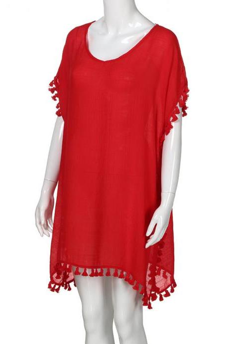 Women Tassels Bikini Cover Up Irregular See-Through Tunic Swimwear Summer Beach Dress red