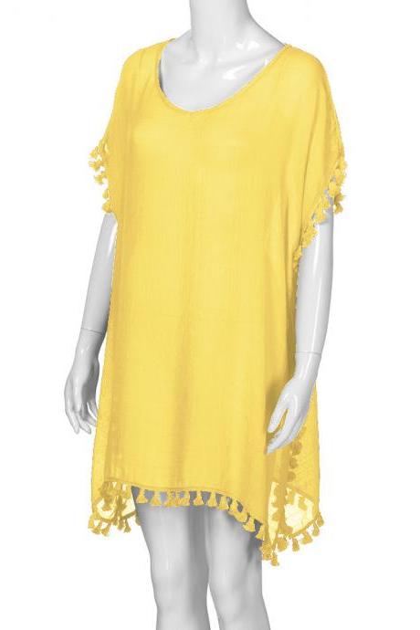Women Tassels Bikini Cover Up Irregular See-Through Tunic Swimwear Summer Beach Dress yellow