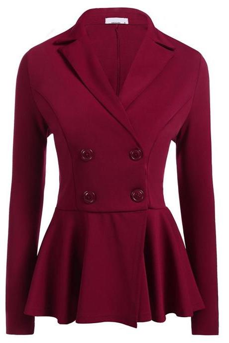 Women Slim Suit Coat Spring Autumn Long Sleeve Double-Breasted Work Wear Casual Jacket burgundy