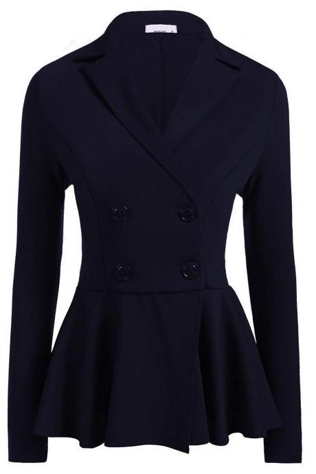 Women Slim Suit Coat Spring Autumn Long Sleeve Double-breasted Work Wear Casual Jacket Navy Blue