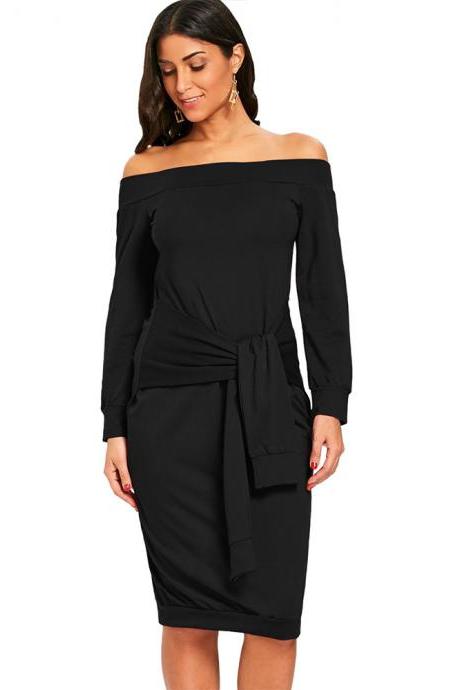 Sexy Slim Pencil Party Dress Off Shoulder Tie Belted Long Sleeve Bodycon Party Dress black