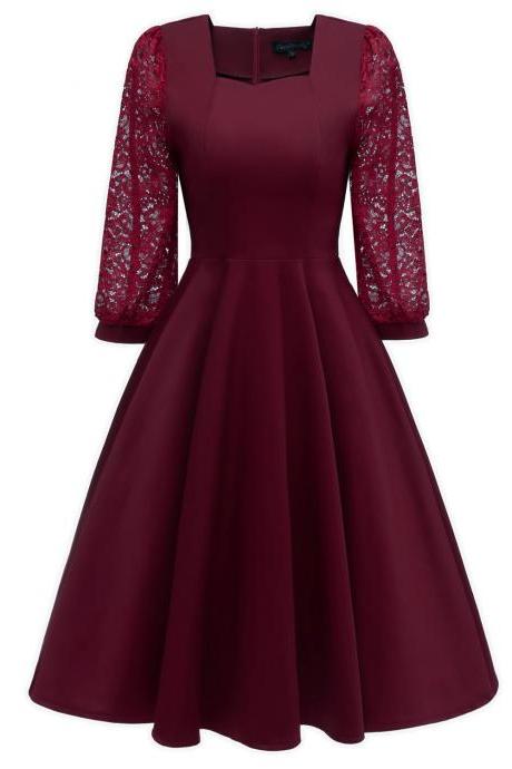 Vintage 50 60s Lace Dress Women Square Collar 3/4 Sleeve Rockabilly Evening Party Dress burgundy