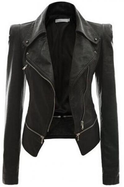 Fashion Women Faux Leather Jackets Long Sleeve Lady Slim Short Bomber Coat Motorcycle Outerwear Black