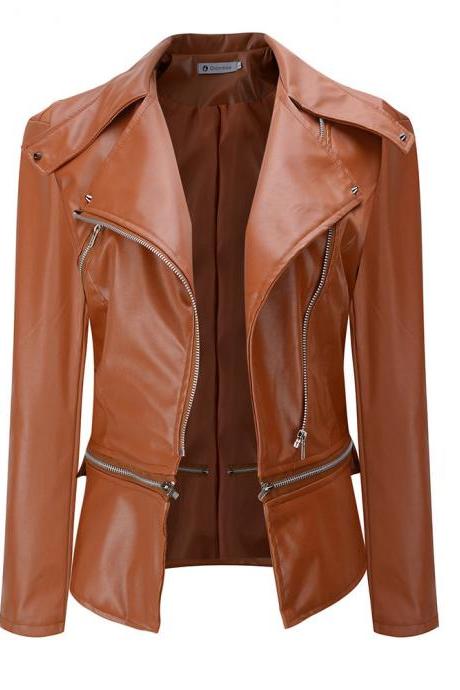 New Fashion Women Faux Leather Jackets Long Sleeve Lady Slim Short Bomber Coat Motorcycle Outerwear khaki