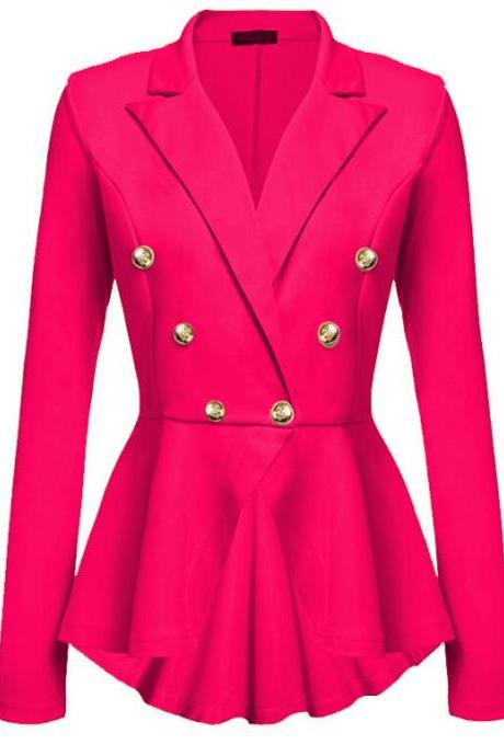 Women Slim Suit Coat Spring Autumn Metal Button Long Sleeve Double-Breasted Lady Blazer Work Wear hot pink 