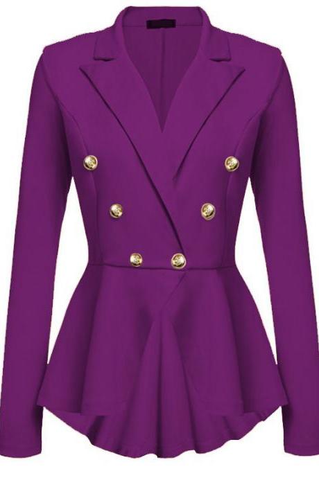  Women Slim Suit Coat Spring Autumn Metal Button Long Sleeve Double-Breasted Lady Blazer Work Wear purple