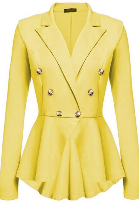 Women Slim Suit Coat Spring Autumn Metal Button Long Sleeve Double-breasted Lady Blazer Work Wear Yellow