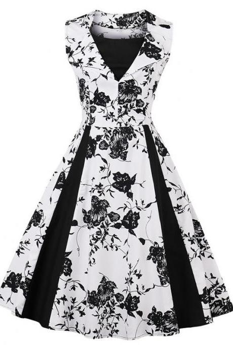Women Sleeveless Floral Print Patchwork Swing Dress Vintage 50 60s Summer Party Dress5#