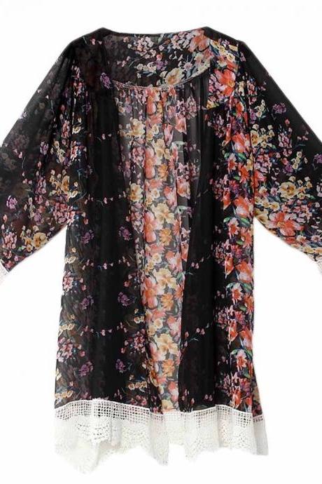 Fashion Floral Printed Chiffon Kimono Lace Patchwork Long Sleeve Women Cardigan Loose Coat Jacket black