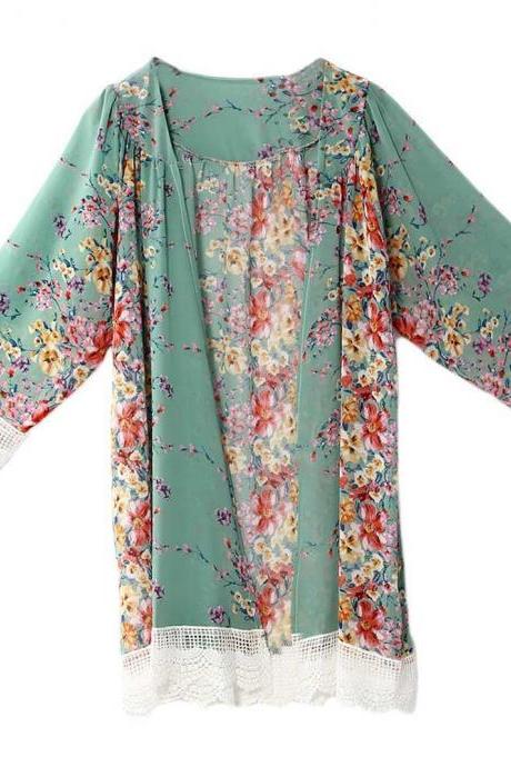 Fashion Floral Printed Chiffon Kimono Lace Patchwork Long Sleeve Women Cardigan Loose Coat Jacket Green