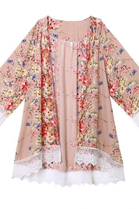 Fashion Floral Printed Chiffon Kimono Lace Patchwork Long Sleeve Women Cardigan Loose Coat Jacket Khaki