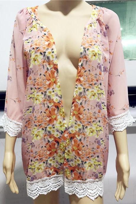 Fashion Floral Printed Chiffon Kimono Lace Patchwork Long Sleeve Women Cardigan Loose Coat Jacket Pink