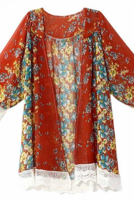 Fashion Floral Printed Chiffon Kimono Lace Patchwork Long Sleeve Women Cardigan Loose Coat Jacket Purplish Red