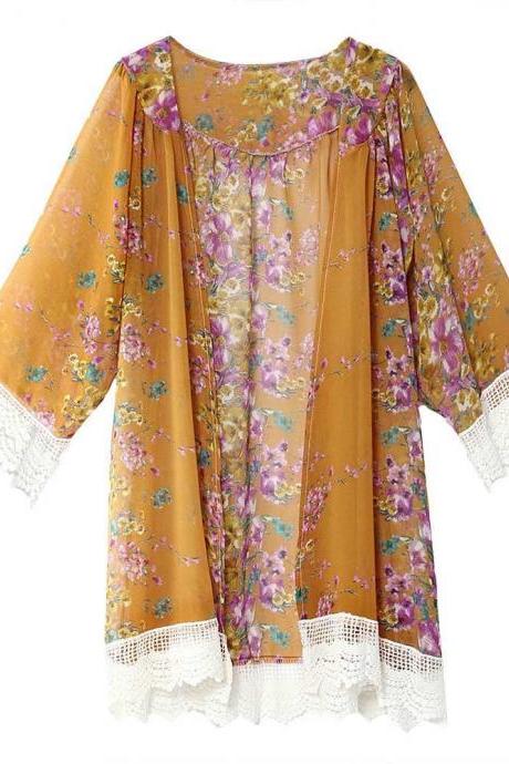 Fashion Floral Printed Chiffon Kimono Lace Patchwork Long Sleeve Women Cardigan Loose Coat Jacket yellow
