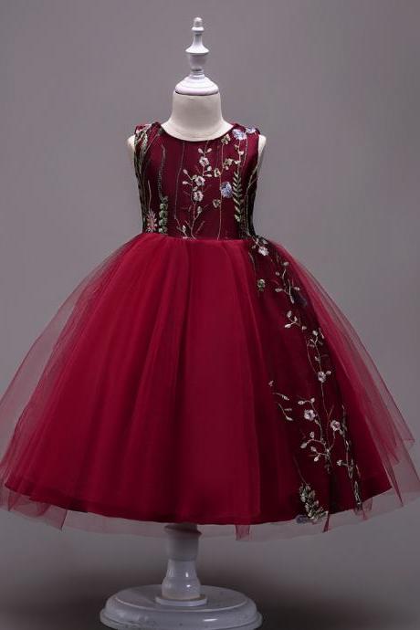 Embroidery Flower Girl Dress Sleeveless Princess Formal Prom First Communion Party Gown Kids Children Clothes burgundy