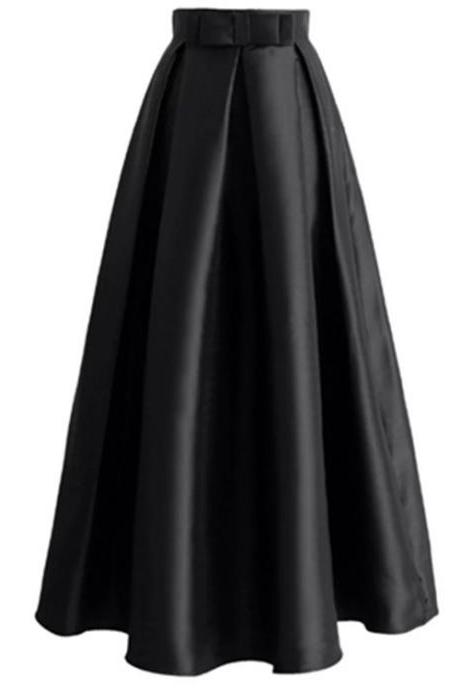 Plain Muslim Women Casual Maxi Pleated Skirts High Waist Ladies A Line Long Skater Skirt black