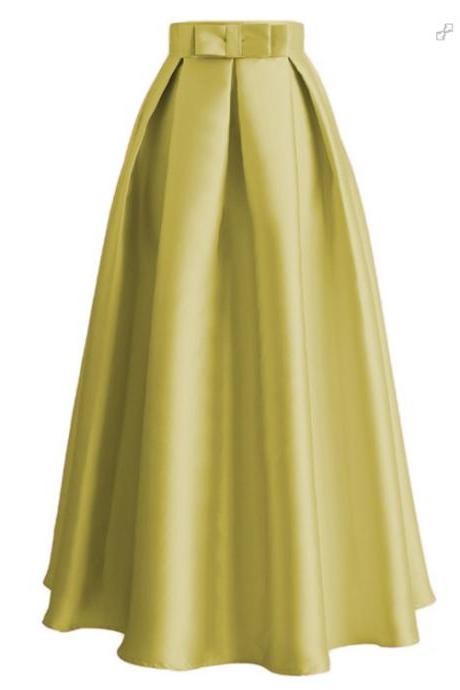 Plain Muslim Women Casual Maxi Pleated Skirts High Waist Ladies A Line Long Skater Skirt Yellow