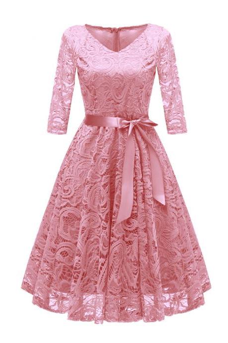 Vintage V Neck Belted Floral Lace Dress 3/4 Sleeve Swing A Line Formal Party Dress pink