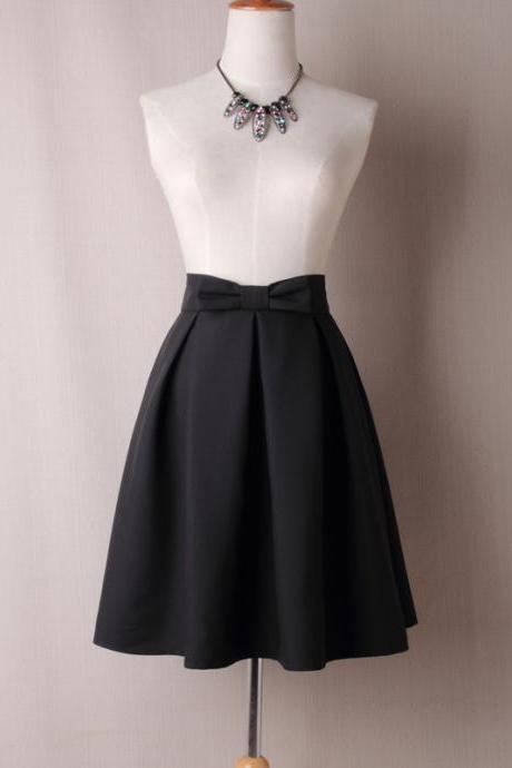 Black Bow Accent High Rise Knee Length Ruffled Skater Skirt