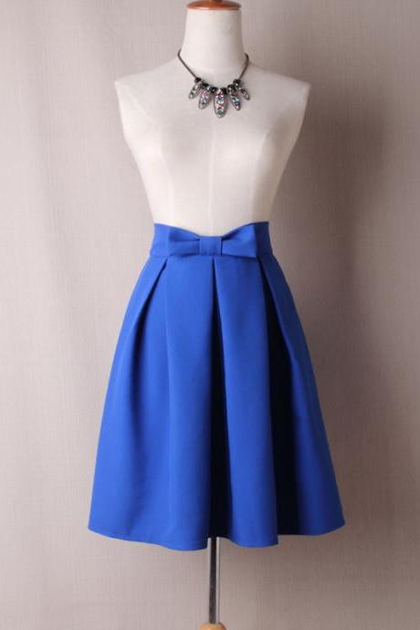 Women Midi Skirt High Waist Pleated Knee Length Vintage A Line Bow Zipper Skater Skirt blue