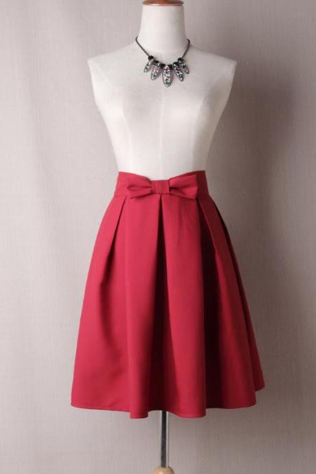 Women Midi Skirt High Waist Pleated Knee Length Vintage A Line Bow Zipper Skater Skirt Crimson